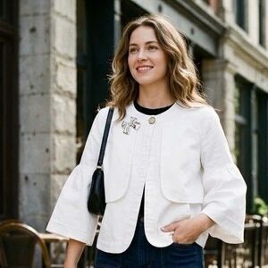 VERTIGO PARIS White Cropped Swing Jacket Flare Bell Sleeve Storm Flap Brooch L